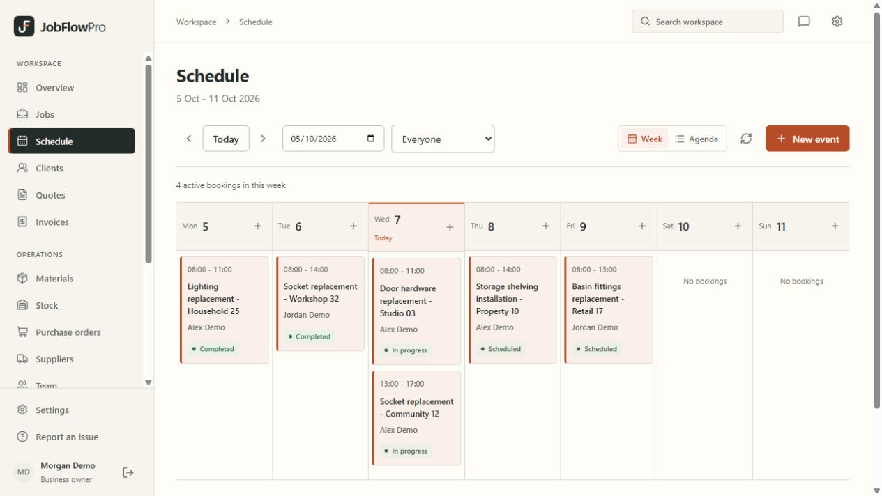 JobFlowPro demonstration workspace showing scheduled work with fictional sample data.