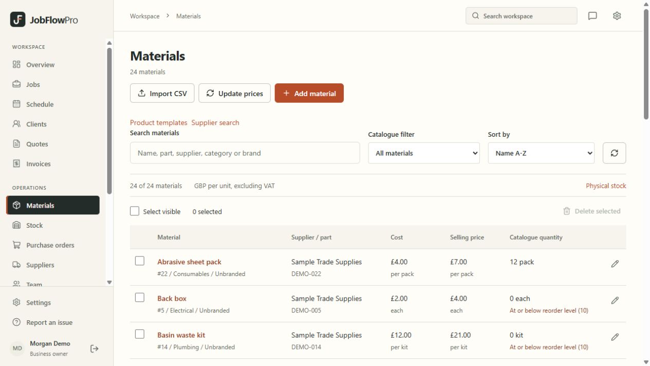 JobFlowPro materials catalogue displaying example unit costs, selling prices and stock.
