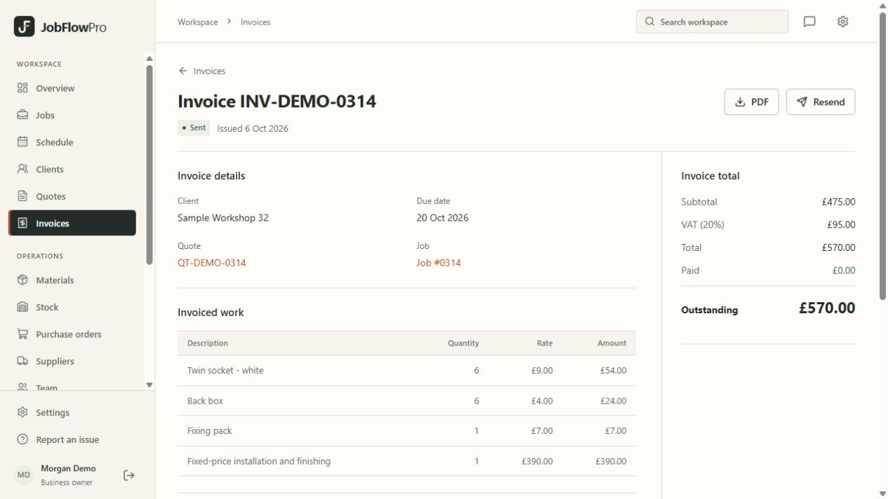 JobFlowPro invoice example showing work items and the recorded balance, using fictional sample data.