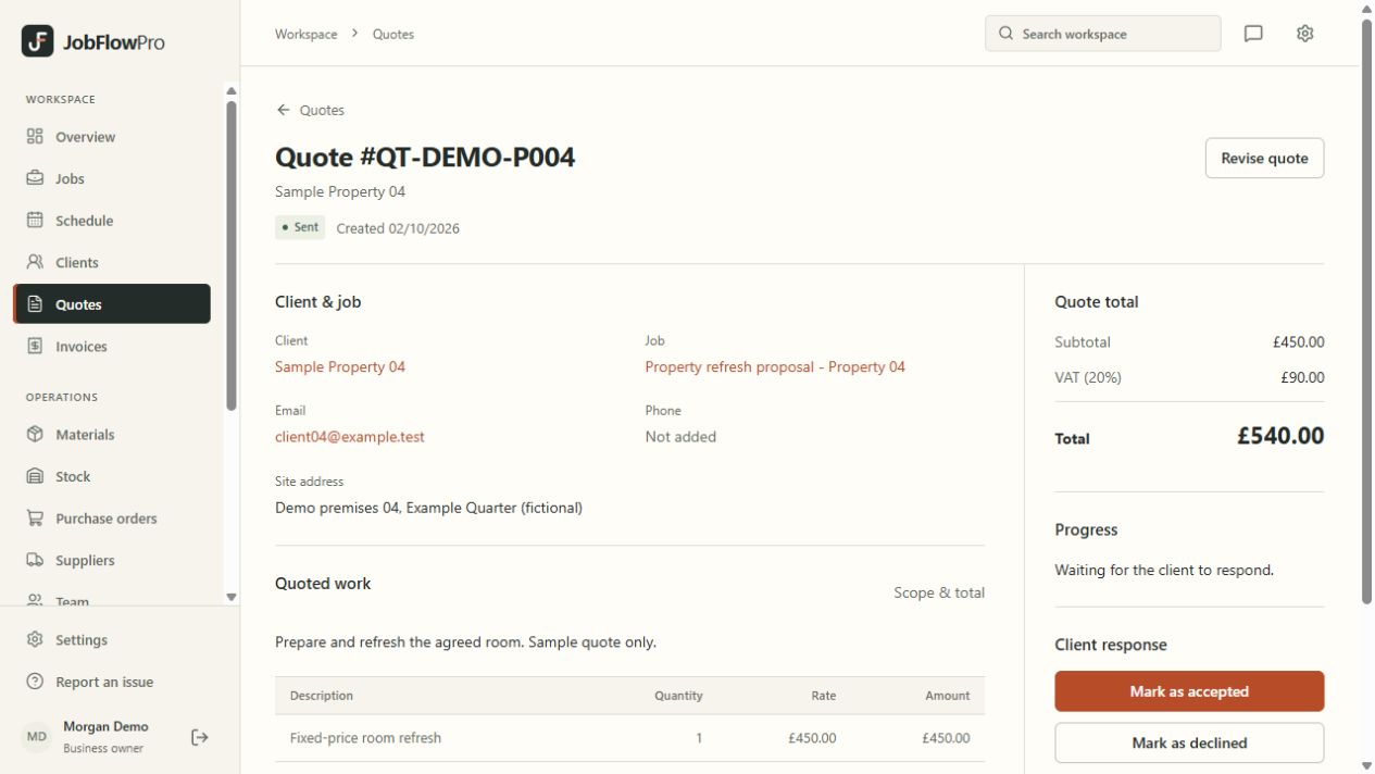 A JobFlowPro quote for a fictional room refresh with scope, price and customer response controls.