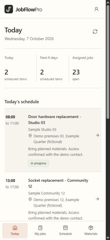 A JobFlowPro engineer's mobile workspace with fictional assigned visits and site details.